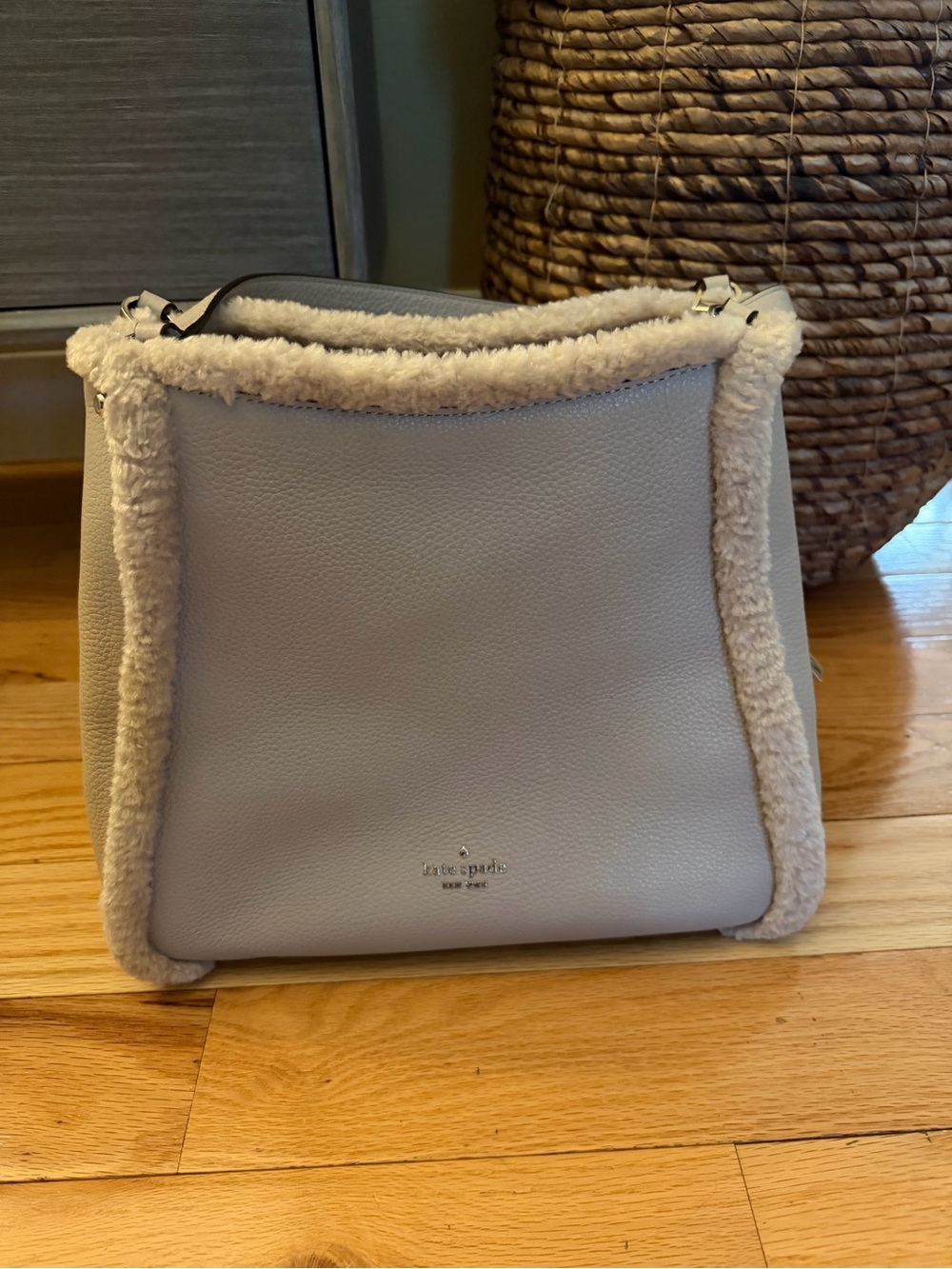 kate spade Pebbled Leather Shoulder Bag with Shearling Trim in Light Beige